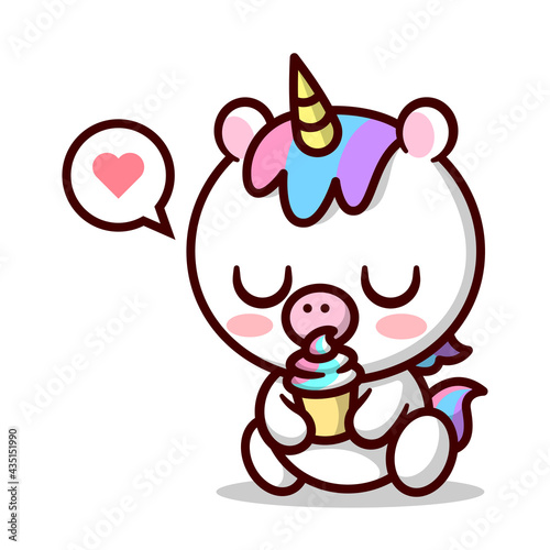 CUTE LITTLE UNICORN WITH COLORFUL HAIR AND SPARKLNG YELLOW HORN IS LICKING TO A COLORFUL ICE CREAM CONE. HIGH QUALITY CARTOON MASCOT. CARTOON CHARACTER.
