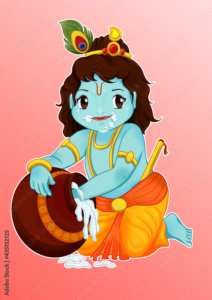Naklejka premium Krishna baby eting Makhan i.e Butter from Pot | Krishna Indian God Krishna Baby Eating Makhan i.e Butter from Pot kanha kid krishna kid cartoon