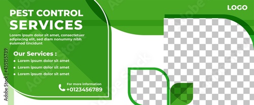 Pest Control Horizontal Banner Template Design. Modern Banner with Abstract Green Shape and Place for the Photo. Usable for Web banner and Print banner.