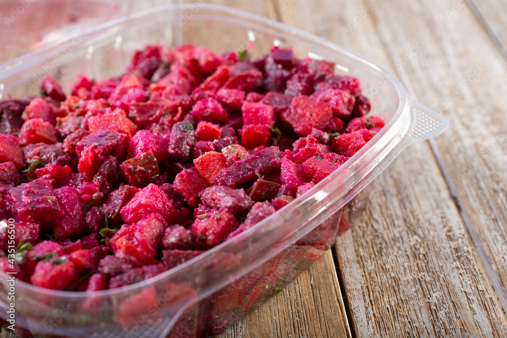 A view of a Russian vinaigrette beat salad. A view of a Russian vinaigrette beat salad.