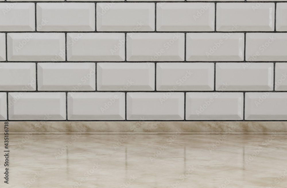 Fototapeta premium Empty close up kitchen counter with mosaic tessellated wall and marble front view countertop, 3d rendering