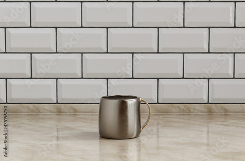 Single coffee mug on a front view kitchen counter top with faience mosaic tessellated wall, 3d Rendering, close-up view