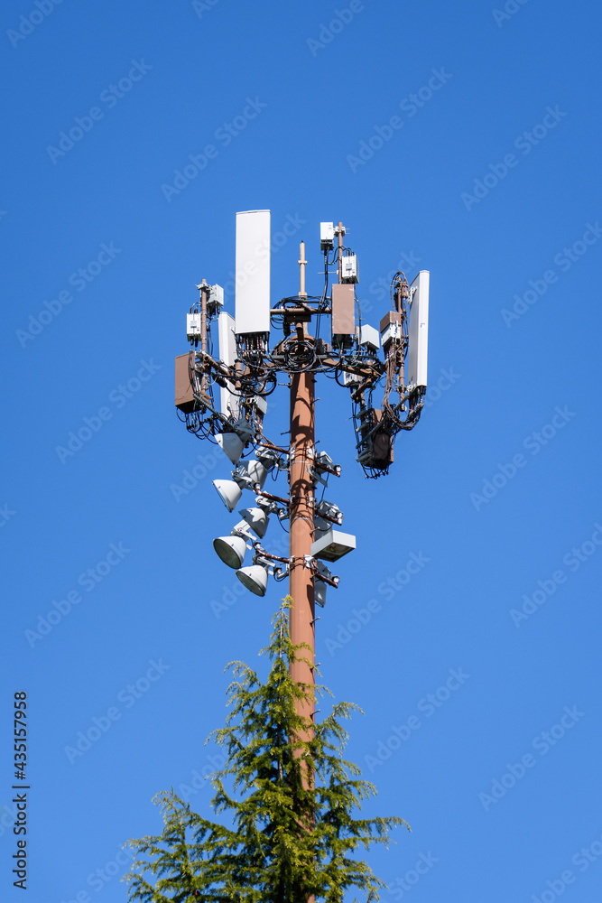 Mobility cell site, panel antennas on top of a light pole on a sunny day against a blue sky

