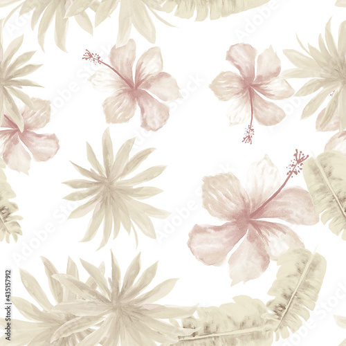 White Seamless Botanical. Brown Pattern Foliage. Gray Tropical Nature. Banana Leaves. Flower Botanical. Floral Texture. Watercolor Illustration. Decoration Hibiscus.