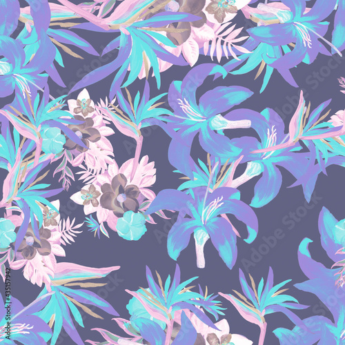 Coral Pattern Palm. Indigo Tropical Vintage. Violet Floral Exotic. Cobalt Flora Painting. Blue Decoration Foliage. Purple Wallpaper Botanical. Navy Spring Leaf.