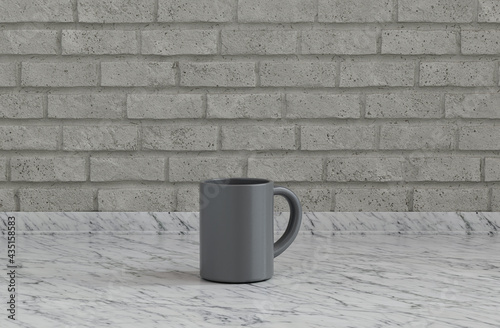 Single gray olor coffee mug on a front view kitchen counter top with gray tiled brick wall, 3d Rendering, close-up view © markOfshell