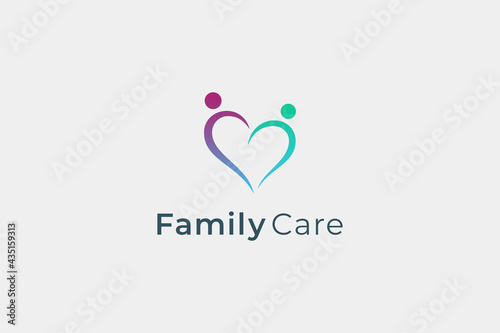 Family Care Logo. Blue and Purple Hand Drawn Heart Icon with Human Symbol Combination isolated on White Background. Flat Vector Logo Design Template Element.