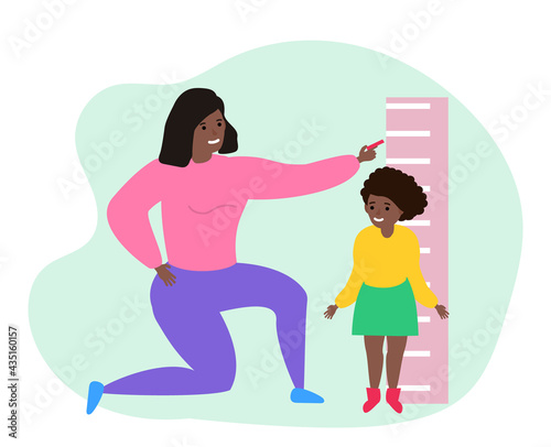 african american mother measuring height to her daughter vector illustration