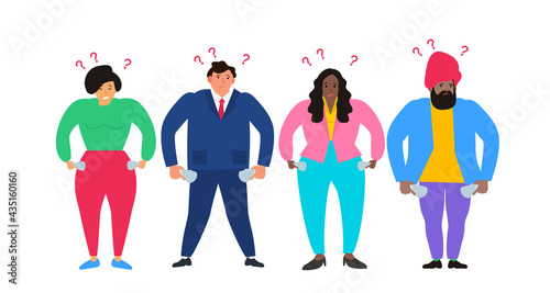 multicultural upset  people showing empty pockets moneyless poverty concept vector illustration
