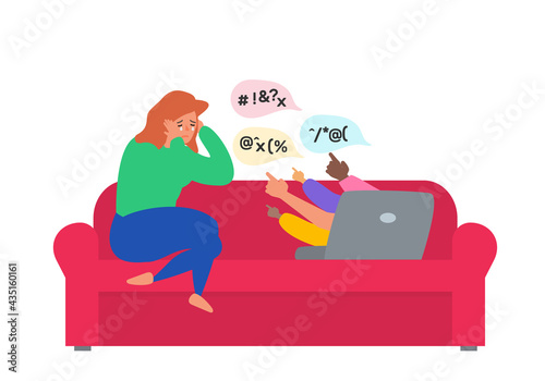 cyber bullying in social media internet aggression upset crying depressed  woman siitting with laptop vector illustration
