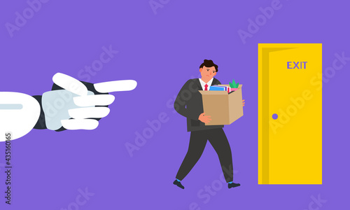 robot hand pointing finger on dismissed fired employee man       job unemployment crisis vector illustration