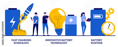 Fast charging technology, innovative battery technology, battery runtime concept with tiny people. Accumulator capacity, energy power source maintenance abstract vector illustration set