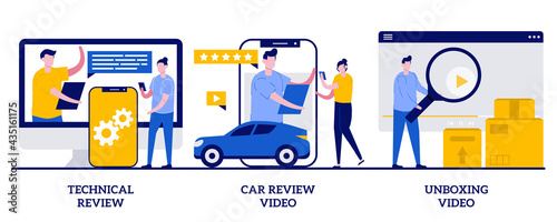 Technical review, car review video, unboxing video concept with tiny people. Product client feedback cartoon abstract vector illustration set. Customer experience, influencer marketing metaphor