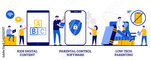 Kids digital content, parental control software, low tech parenting concept with tiny people. Children media access vector illustration set. Screen time, gadget-free parenting, online apps metaphor