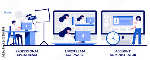Professional livestream, software and account administrator concept with tiny people. Online live event vector illustration set. Broadcasting service, stream manager, go live in real-time metaphor