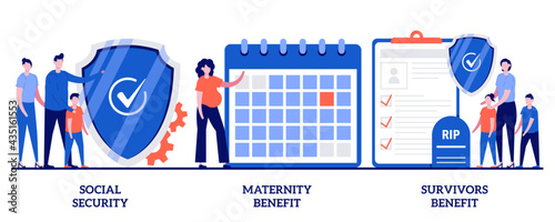 Social security, maternity and survivors benefit concept with tiny people. State allowance vector illustration set. Retirement insurance, parental support, death certificate, financial help metaphor