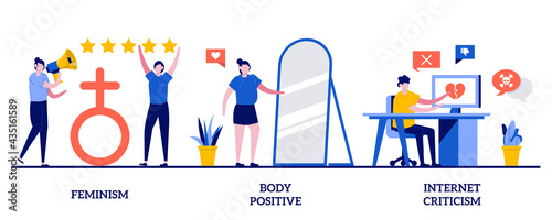 Feminism, body positive, internet criticism concept with tiny people. Social activism abstract vector illustration set. Girl power, gender equality, plus size brand promotion, troll message metaphor