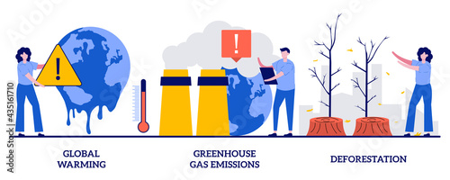 Global warming, greenhouse gas emissions, deforestation concept with tiny people. Climate change abstract vector illustration set. Global heating, air pollution, smog, wildlife degradation metaphor