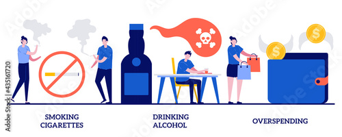 Smoking cigarettes, drinking alcohol, overspending concept with tiny people. Bad habits vector illustration set. Tobacco and nicotine addiction, alcoholism therapy, budget planning, stress metaphor