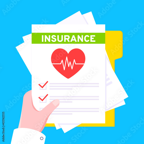 Hand hold medical insurance claim form with file paper sheets flat style design vector illustration. Concept of fill out or online survey healthcare insurance application form.