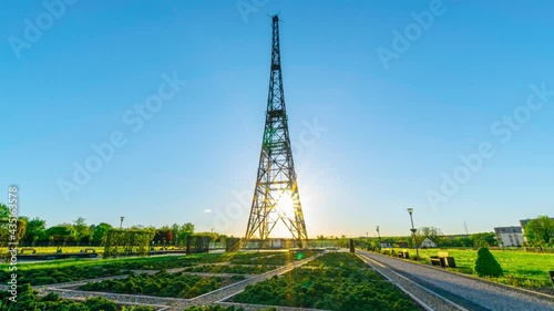 Wooden radio tower at sunset in Gliwice city, Silesia, Poland