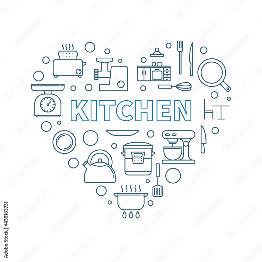 Kitchen Interior vector heart shaped outline illustration