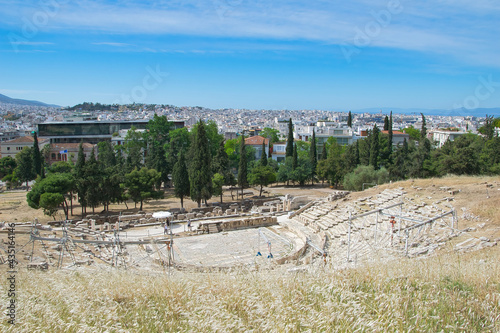 The Theatre of Dionysus is an ancient Greek theatre in Athens. It is built on the south slope of the Acropolis hill, Athens, Greece 5-18-2021 photo