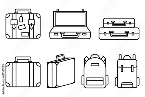 Luggage icons set and collection. Backpack, handbag, suitcase, briefcase, messenger bag, trolley, travel bag. thin line icons. Editable stroke icon. Vector illustration.