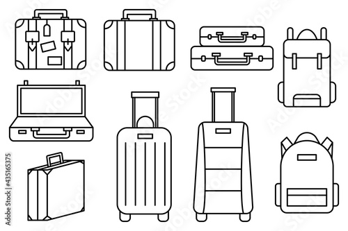 Luggage icons set and collection. Backpack, handbag, suitcase, briefcase, messenger bag, trolley, travel bag. thin line icons. Editable stroke icon. Vector illustration.