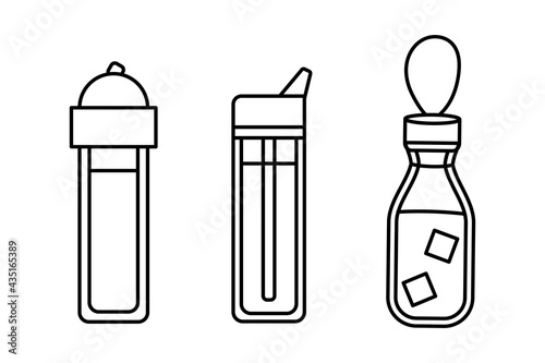 A water bottle on a hike, at a sports activity. Reusable drinking bottle. Eco-friendly liquid container. Vector line icon. Editable stroke.