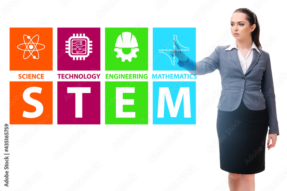 Businesswoman pressing virtual buttons in STEP education concept