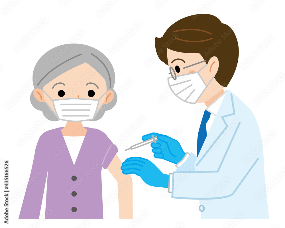 医師からワクチン接種を受ける高齢女性のイラスト 白背景 Stock Vector Adobe Stock