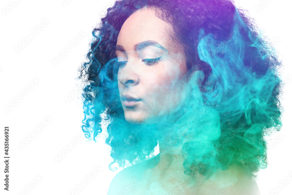 Fototapeta premium Beautiful African-American woman and her energy field on white background