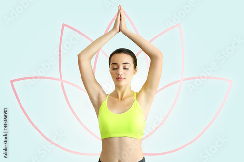 Beautiful young woman practicing yoga on color background