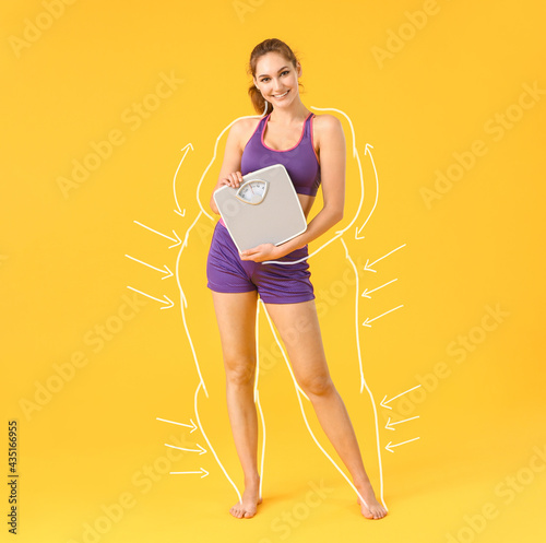 Beautiful young woman with measuring scales after weight loss on color background