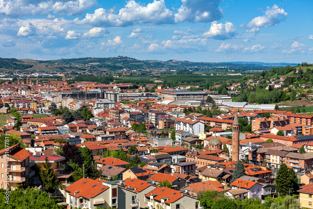View from above of town of Alba, Italy.