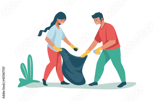 People sorting and recycling waste. Volunteers collecting rubbish outdoor. Man and woman putting garbage in bag. Characters take care of nature. Vector activists clean parks from litter