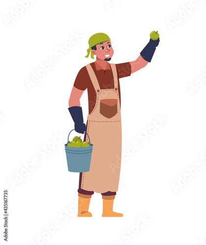 Agricultural worker harvesting. Gardener picking fruit from tree. Male character with bucket full of crop. Man holding apple in raised hand. Farmer works in orchard. Vector gardening