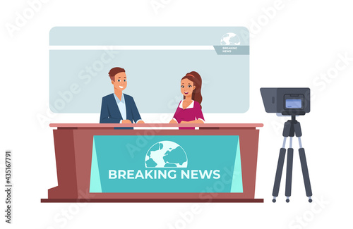 Breaking news. Broadcasting of TV information program. Cartoon television presenters recording interviews in studio. Man and woman sit at table and discuss events. Vector newscasters