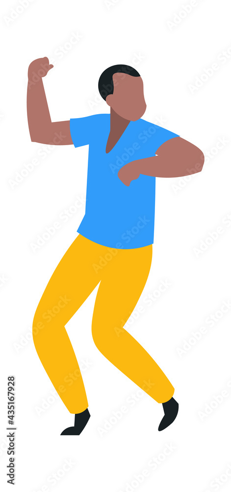 Happy man dancing. Cartoon dancer. Male having fun at disco. Young person performing choreographic movement. Character raising hand. Musical party or festival. Vector leisure activity Happy man dancing. Cartoon dancer. Male having fun at disco. Young person performing choreographic movement. Character raising hand. Musical party or festival. Vector leisure activity