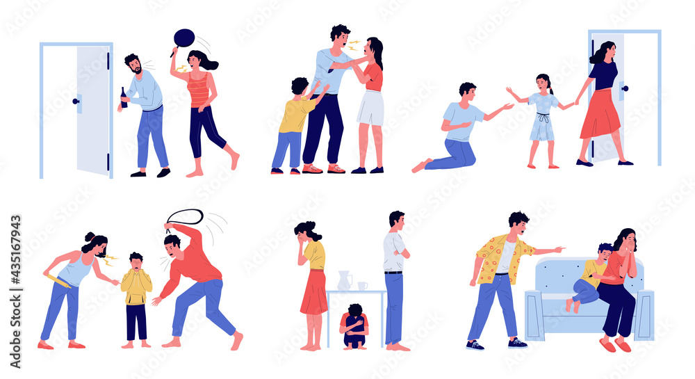 Unhappy family. Domestic violence and abusive behavior. Conflict scenes set with parents and children. Stressed people quarrel and punish kids. Vector angry conversation and divorce