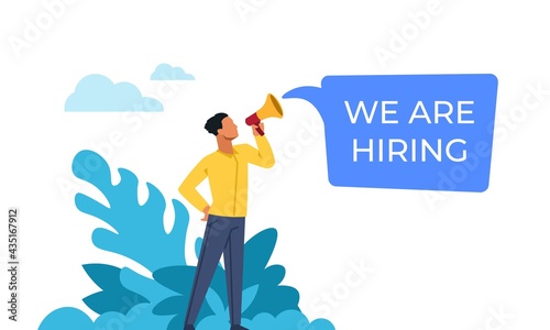 We are hiring. Man shouts into loudspeaker about vacant positions. HR manager looking for employees for company. Recruitment announcement concept. Vector character with speech bubble