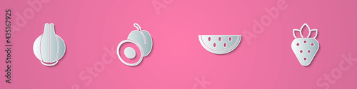 Set paper cut Onion, Plum fruit, Watermelon and Strawberry icon. Paper art style. Vector