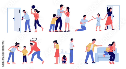 Unhappy family. Domestic violence and abusive behavior. Conflict scenes set with parents and children. Stressed people quarrel and punish kids. Vector angry conversation and divorce