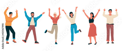 Cheerful people. Group of happy friends standing together with raised hands. Cartoon men and women feel positive emotions. Characters dance or jump. Vector persons celebrate victory