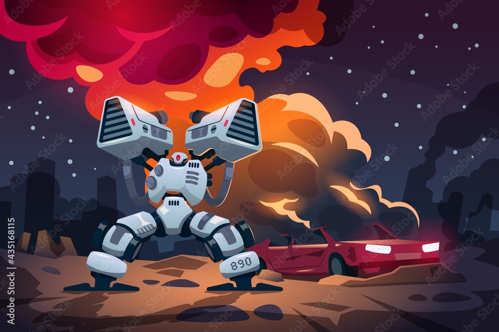 Cartoon game war. Alien robots battle. Landscape with burning car and  armored machines in combat. Innovation drone or exoskeleton. Fighting  cyborg. Vector futuristic super hero scene vector de Stock | Adobe Stock