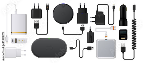 Charge smartphone. Realistic wireless charger. 3D energy battery refuels. Plug socket with USB cords. Auto charging adaptor. Isolated devices for mobile. Vector digital accessories set