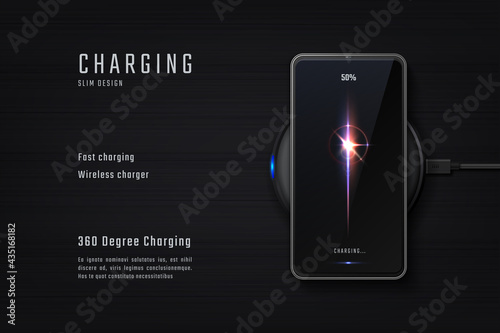 Wireless phone charging. Realistic mobile energy charger. Black advertising banner design with lettering. Modern battery refuels. 3D smartphone recharge device. Vector promotional poster