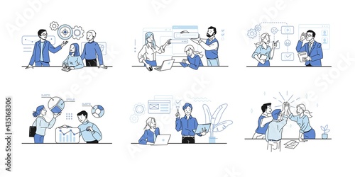 Business communication. Cartoon people work in office. Teamwork or leadership concept. Employees analyze workflow for effective organization. Innovation management. Vector businessmen set