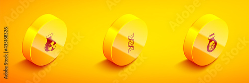 Set Isometric Test tube radiation, DNA symbol and Poison in bottle icon. Vector
